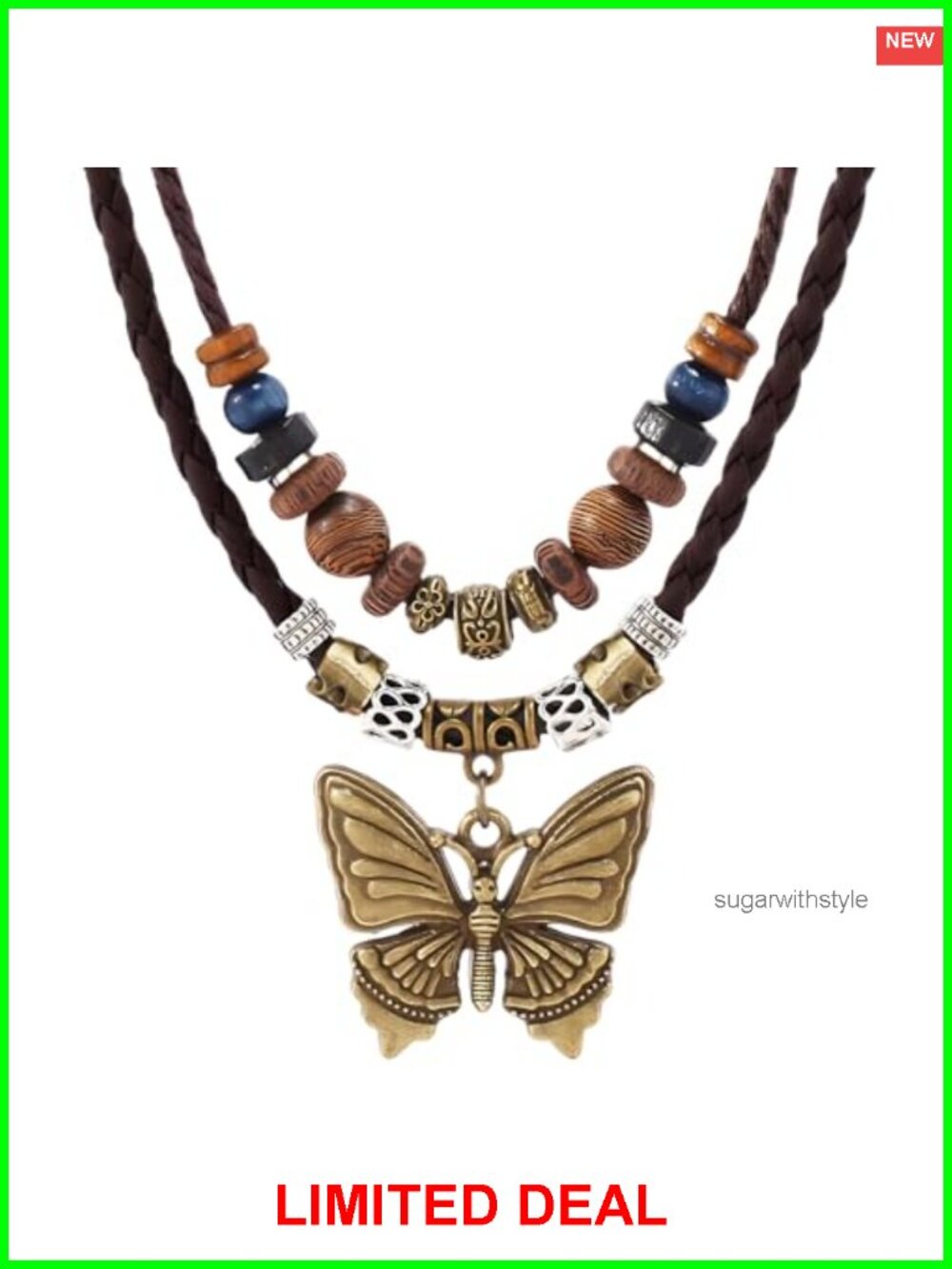 Boho Butterfly Pendant Necklace Layered Wood Beaded Choker Adjustable Statement